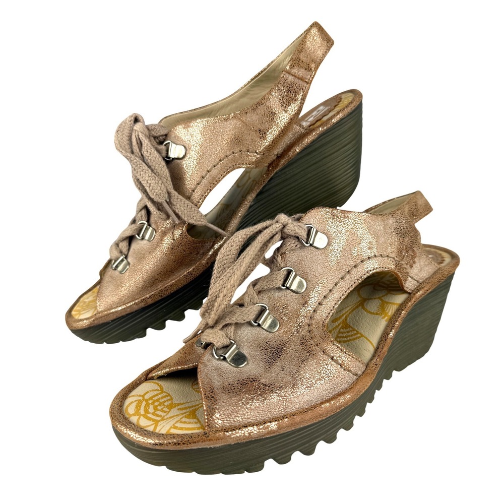 Fly London Women's 39 Metallic Rose Gold Lace‎ Wedge Sandals Leather EU 39